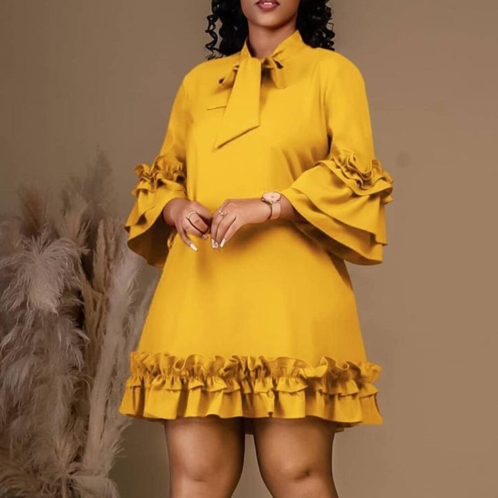 Women's Bow Neck Ruffle Sleeve Straight Midi Dress Yellow/Red - M, L, XL